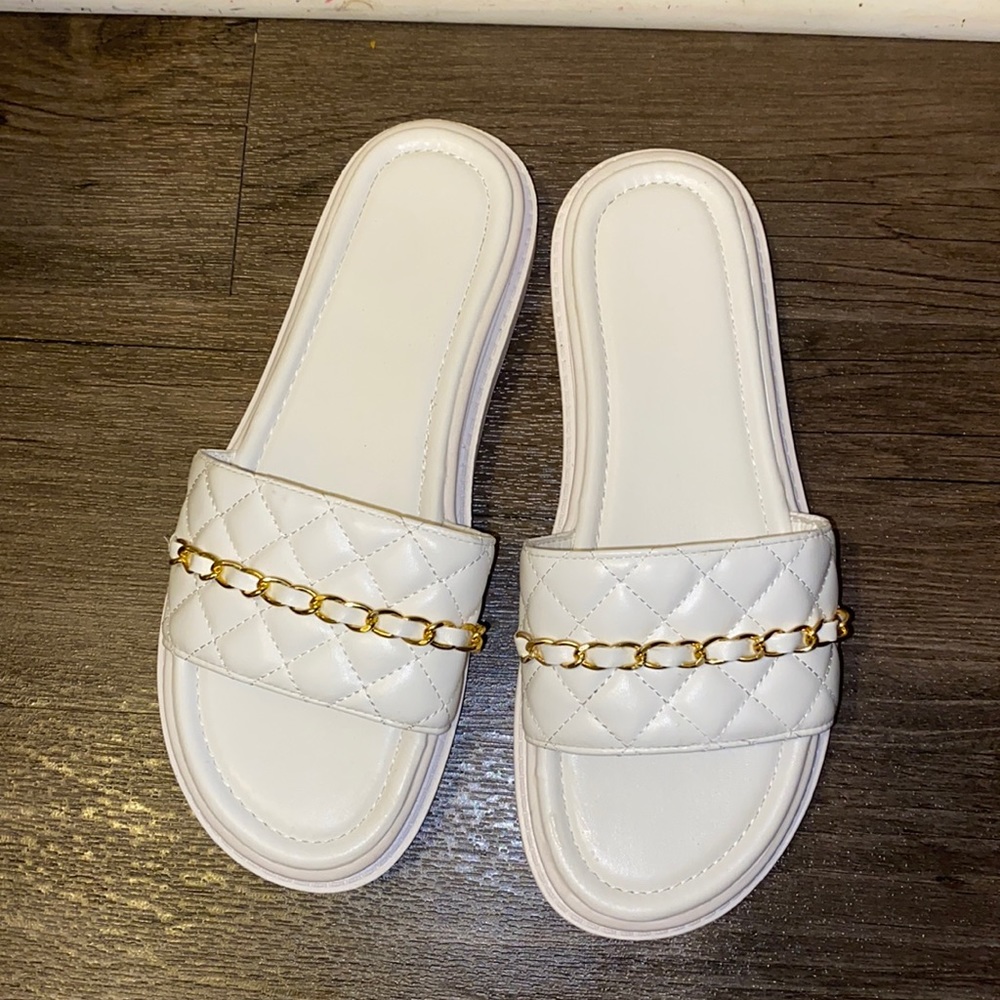 White w/ gold chain sandals